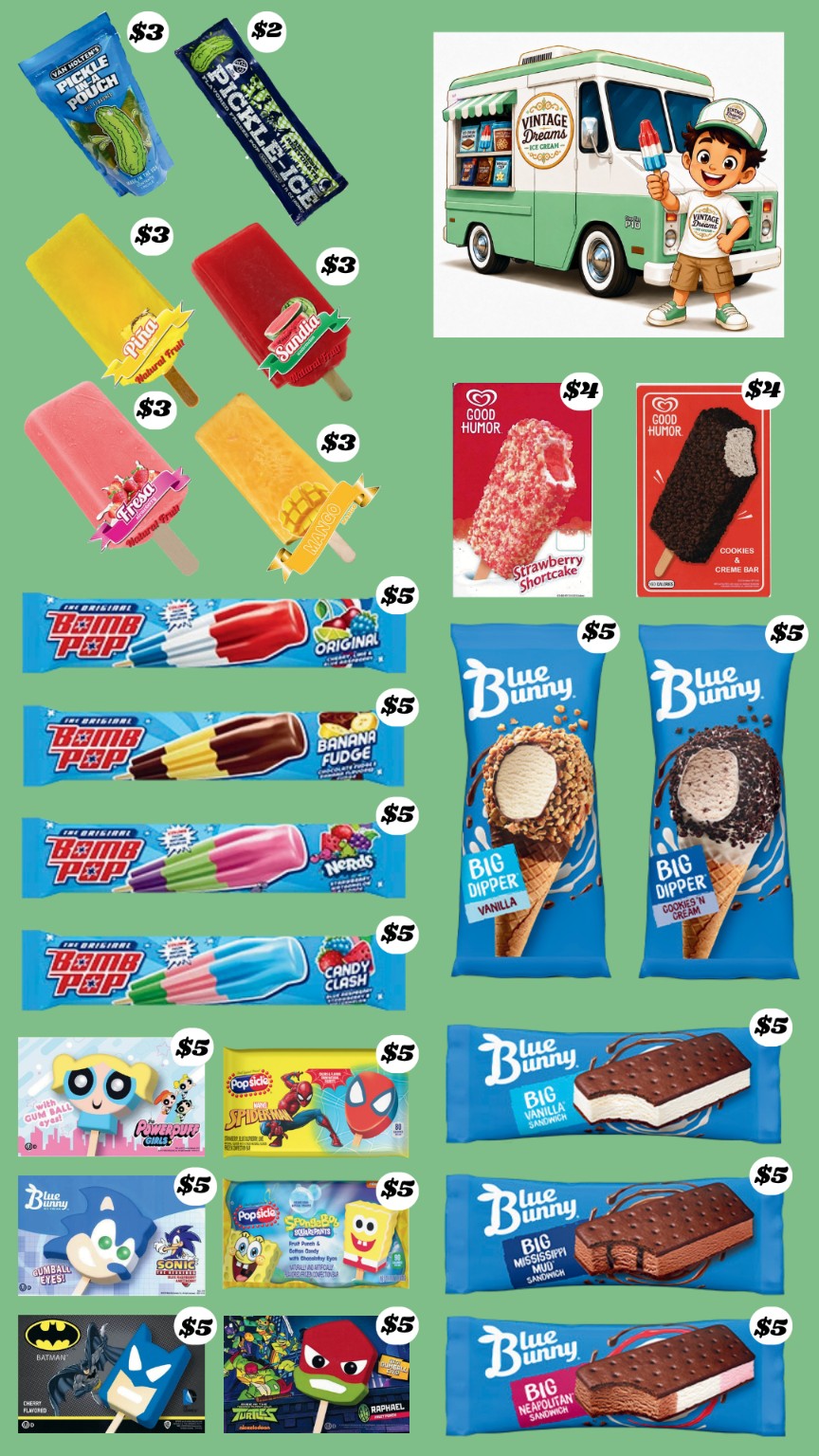 Vintage Dreams Ice Cream menu showing frozen treats and prices from $2 to $5
