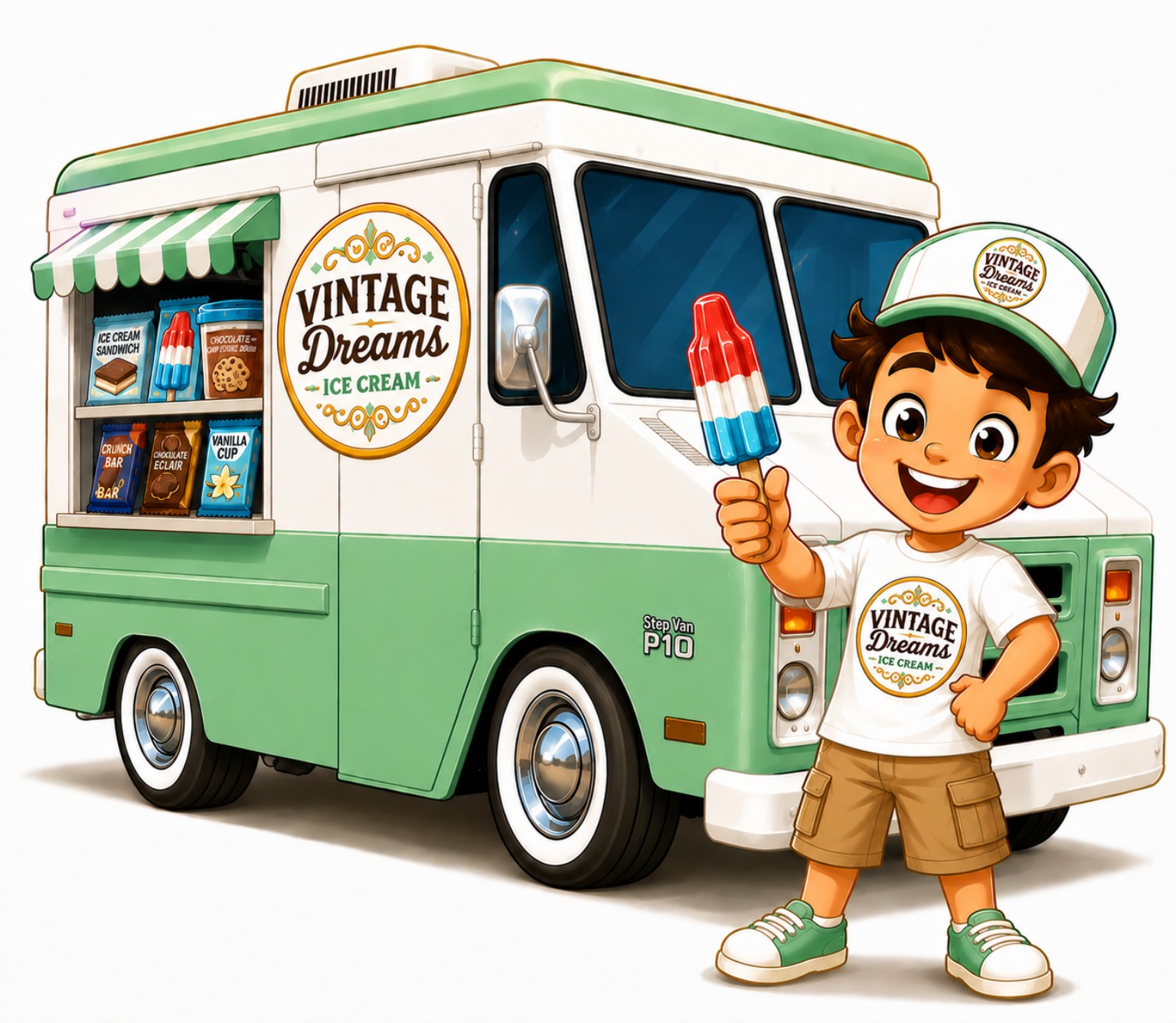 Vintage Dreams Ice Cream mint-green truck and cheerful mascot holding a red, white and blue ice pop